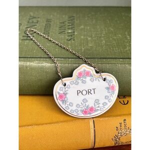 Vintage Kingsley Bone China Port Decanter Label Floral Barware Tag With Chain